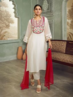 BHAMA COUTURE - Off White Embroidered Yoke Straight Kurta with Pant and Dupatta.