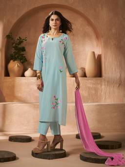 BHAMA COUTURE - Sky Blue Embroidered Straight Kurta with Pant and Dupatta.