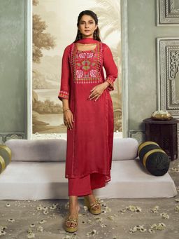 BHAMA COUTURE - Maroon Embroidered Straight Kurta with Pant and Dupatta.