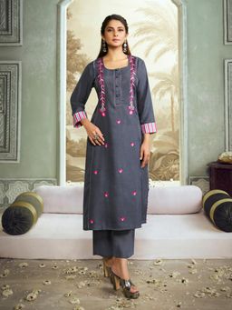 BHAMA COUTURE - Grey Embroidered Straight Kurta with Pant.