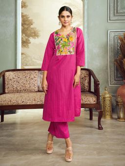BHAMA COUTURE - Pink Embroidered Yoke Straight Kurta with Pant.