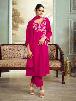 BHAMA COUTURE - Pink Embroidered Straight Kurta with Pant and Dupatta.