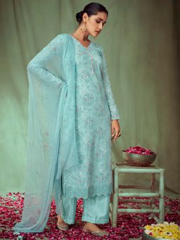 Stylee LIFESTYLE - Turquoise Cotton Jacquard Embroidered Dress Material