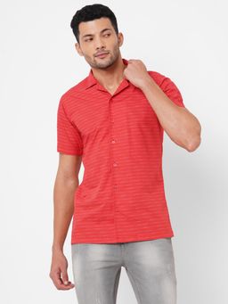 Solemio - Mens Stripes 100% Cotton Slim Fit Half Sleeves Shirt - Red