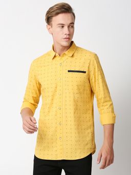 Solemio - Men'S Printed 100% Cotton Slim Fit Full Sleeves Shirt - Yellow
