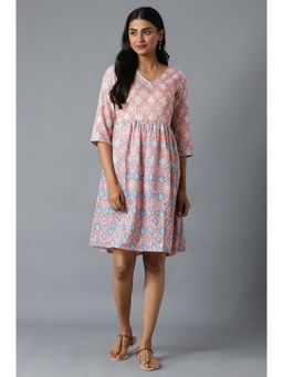 Aurelia - Aure Collection By Aurelia Peach Flared Dress In Floral Print and V-neck