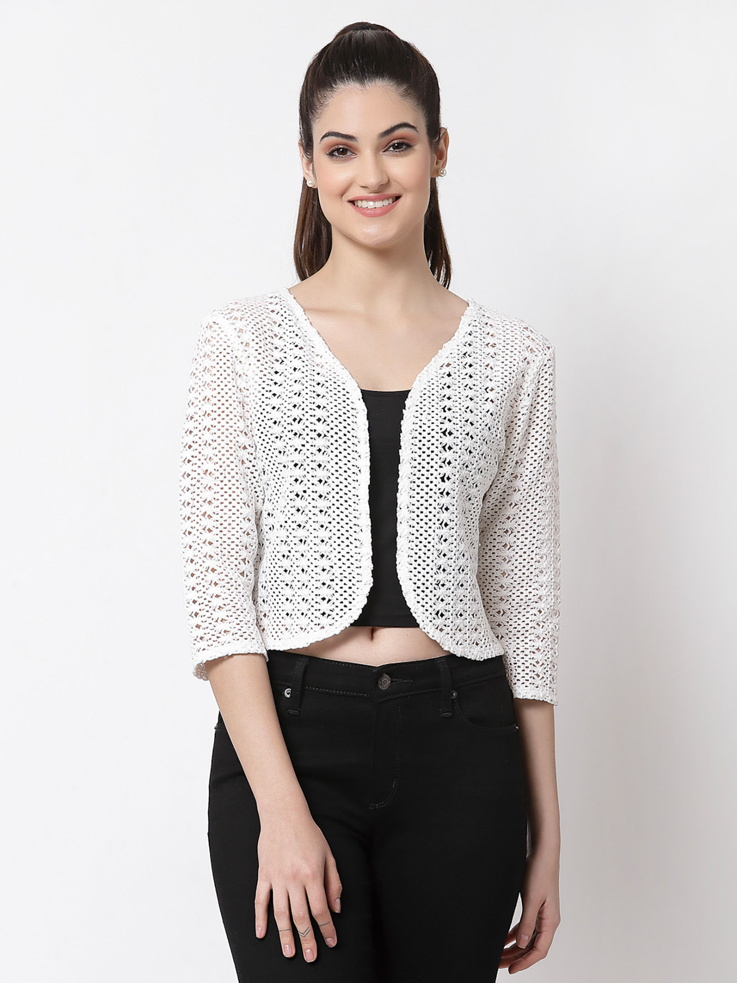 style quotient Women White cotton self design lace crop open front shrug-picture-12