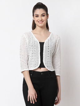 Style Quotient - Women White cotton self design lace crop open front shrug