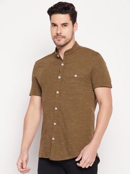 Club York - Men Olive Self Design Mandarin Neck Shirt