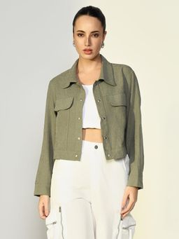 SHOWOFFFF - Edition Women's Solid Olive Open Front Denim Jacket