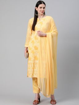 ADA - Hand Embroidered Lucknowi Chikankari Orange Pure Cotton Unstitched Dress Material [A211155]