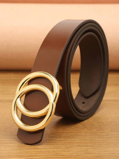 Women Brown And Gold Tone Solid Genuine Leather Belt