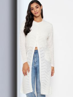 CLAPTON - Womens Wool Blend White Full Sleeve Solid Self Design Round Neck Cardigan