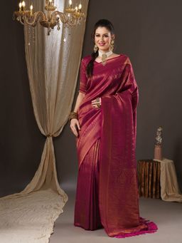 Akhilam - Womens Georgette Burgundy Woven Design Saree with Unstitched Blouse