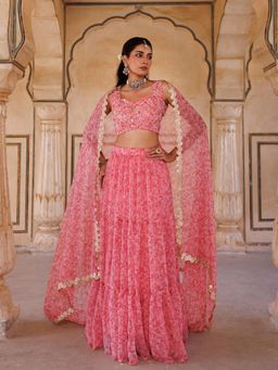 Bannhi - Pink Embroidered Chiffon Lehenga with Stitched Blouse and Dupatta