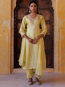 Bannhi - Pastel Yellow Silk, Hand-Embroidered Kurta With Pant and Dupatta