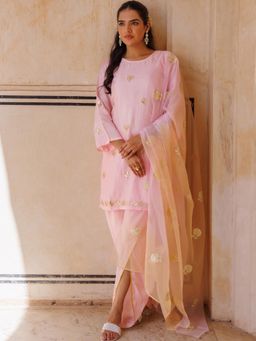 Bannhi - Light Pink Silk, Gota Patti Work Kurta With Dhoti and Dupatta