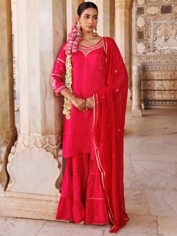 Bannhi - Pink Silk, Hand-Embroidered Kurta With Sharara and Dupatta