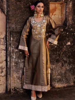 Bannhi - Brown Metallic, Hand Embroidered Tissue Dress