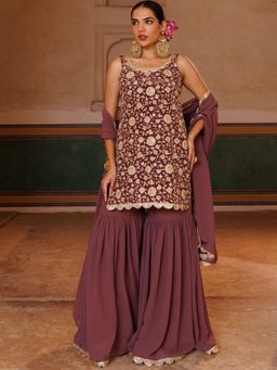 Bannhi - Mauve Crepe, Embroidered Kurta With Sharara and Dupatta