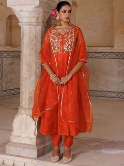 Bannhi - Orange Silk, Hand Embroidered Anarkali With Pant and Dupatta