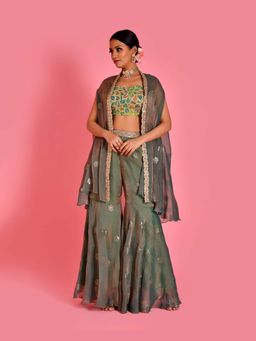 Bannhi - Green Chitra Blouse With Cape And Sharara