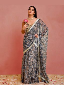 Bannhi - Beige-Blue Gulbahar Pre-Stitched Saree With Stitched Blouse