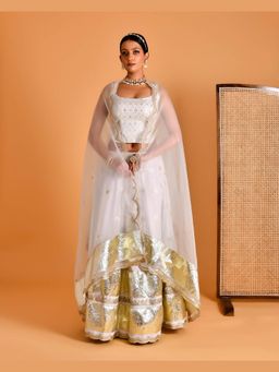 Bannhi - White Champa Embroidered Lehenga with Stitched Blouse and Dupatta
