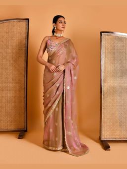 Bannhi - Pink Barkha Tissue Organza Saree With Stitched Blouse