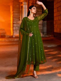 Bannhi - Olive Green Georgette Anarkali With Pant and Dupatta