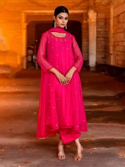 Bannhi - Magenta Georgette Anarkali With Pant and Dupatta