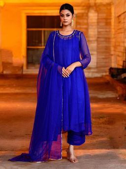 Bannhi - Blue Georgette Anarkali With Pant and Dupatta