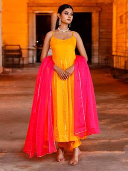 Bannhi - Yellow Kasturi Anarkali With Pant and Dupatta