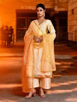 Bannhi - Cream Udaya Gota Patti Kurta With Palazzo and Dupatta