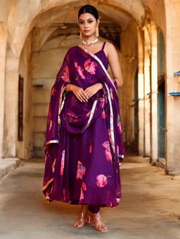 Bannhi - Purple Keshavi Chiffon Anarkali With Pant and Dupatta