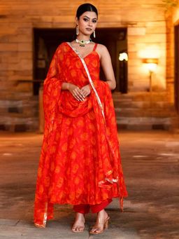 Bannhi - Red Rohini Chiffon Anarkali With Pant and Dupatta