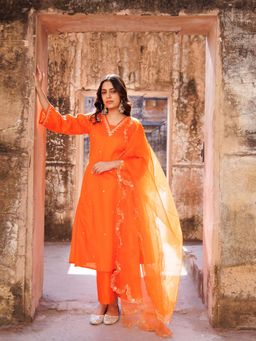 Bannhi - Orange Embroidered Kurta With Pant and Dupatta