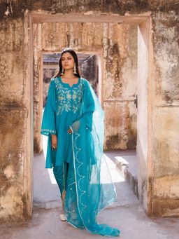 Bannhi - Teal Green Embroidered Kurta With Dhoti and Dupatta