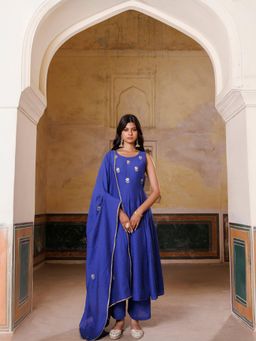 Bannhi - Blue Embroidered Chanderi Anarkali With Pant and Dupatta