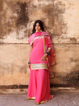 Bannhi - Pink Crepe Strappy Kurta With Sharara and Dupatta