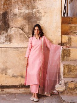 Bannhi - Pink Uppada Silk Aari Embroidered Kurta With Palazzo and Dupatta