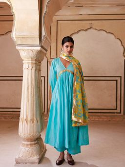 Bannhi - Blue Cotton Anarkali With Pant and Chiffon Dupatta