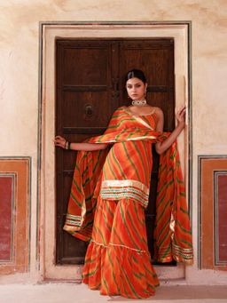 Bannhi - Orange Chiffon Strappy Kurta With Sharara and Dupatta