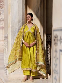 Bannhi - Olive Yellow Uppada Silk Kurta With Pant and Printed Chanderi Dupatta