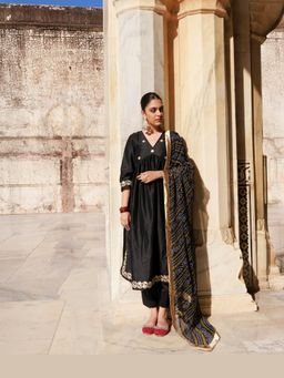 Bannhi - Black Gota Patti Work Dupion Silk Kurta With Pant and Dupatta