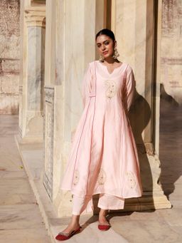 Bannhi - Peach Chanderi Aari Embroidered Anarkali With Pant and Dupatta