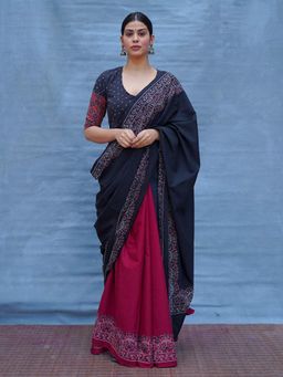 Chidiyaa - Black Pure Cotton Block Print Saree Without Blouse