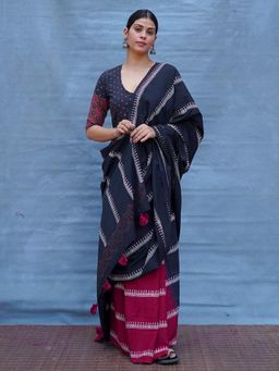 Chidiyaa - Black Pure Cotton Block Print Saree Without Blouse