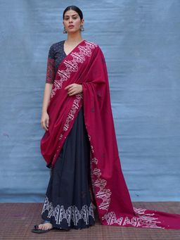 Chidiyaa - Maroon Pure Cotton Block Print Saree Without Blouse
