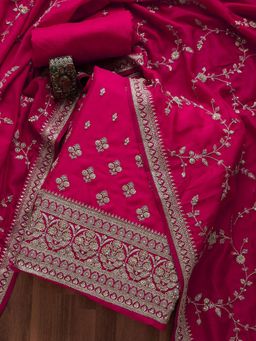 Koskii - Rani Pink Zariwork Raw Silk Unstitched Salwar Suit (Set of Three)